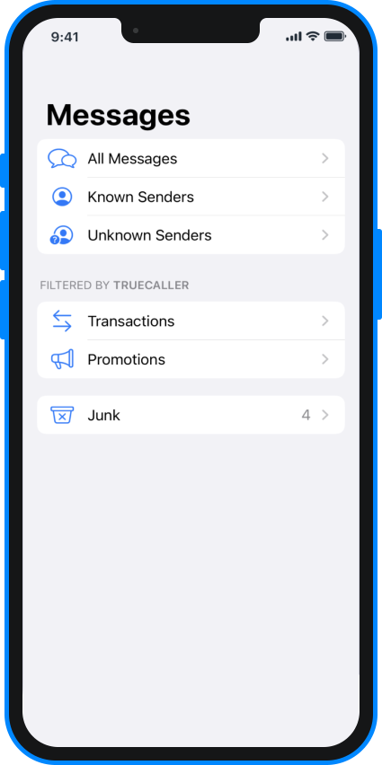 the iOS messages tab filtered by Truecaller 