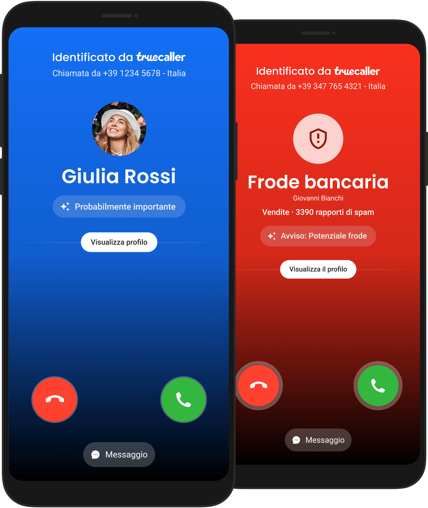 due schermate: una per Android e una per iOS, che mostrano truecaller che identifica una telefonata in arrivo
