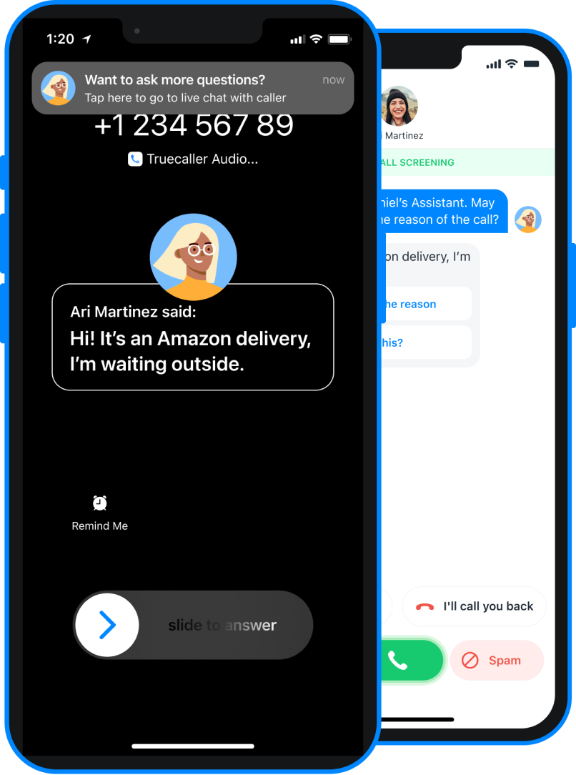 a phone showing truecaller's assistant answering the call and taking the callers message "Hi! It's an Amazon Delivery, I'm waiting outside"