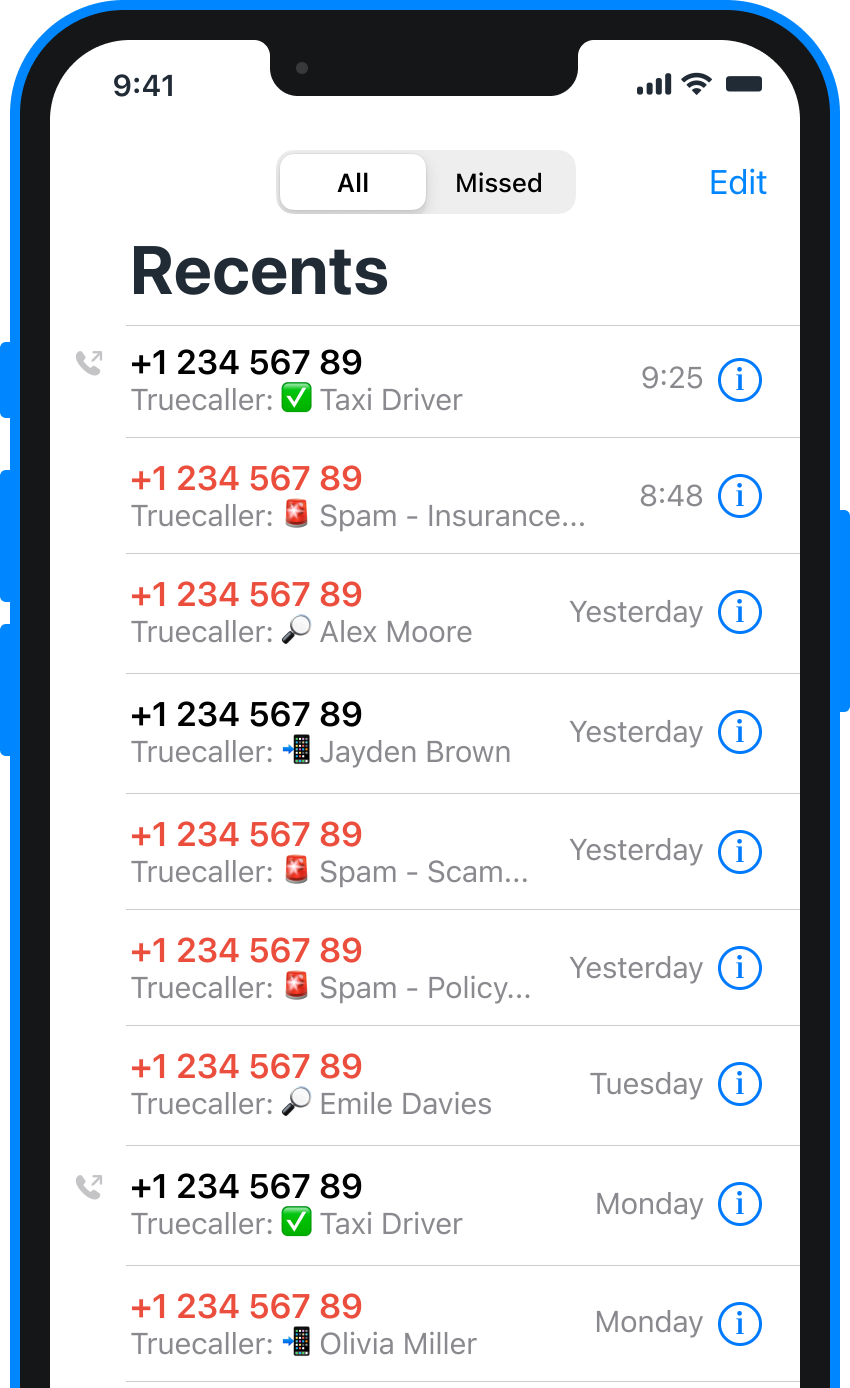 a list of calls identified by truecaller