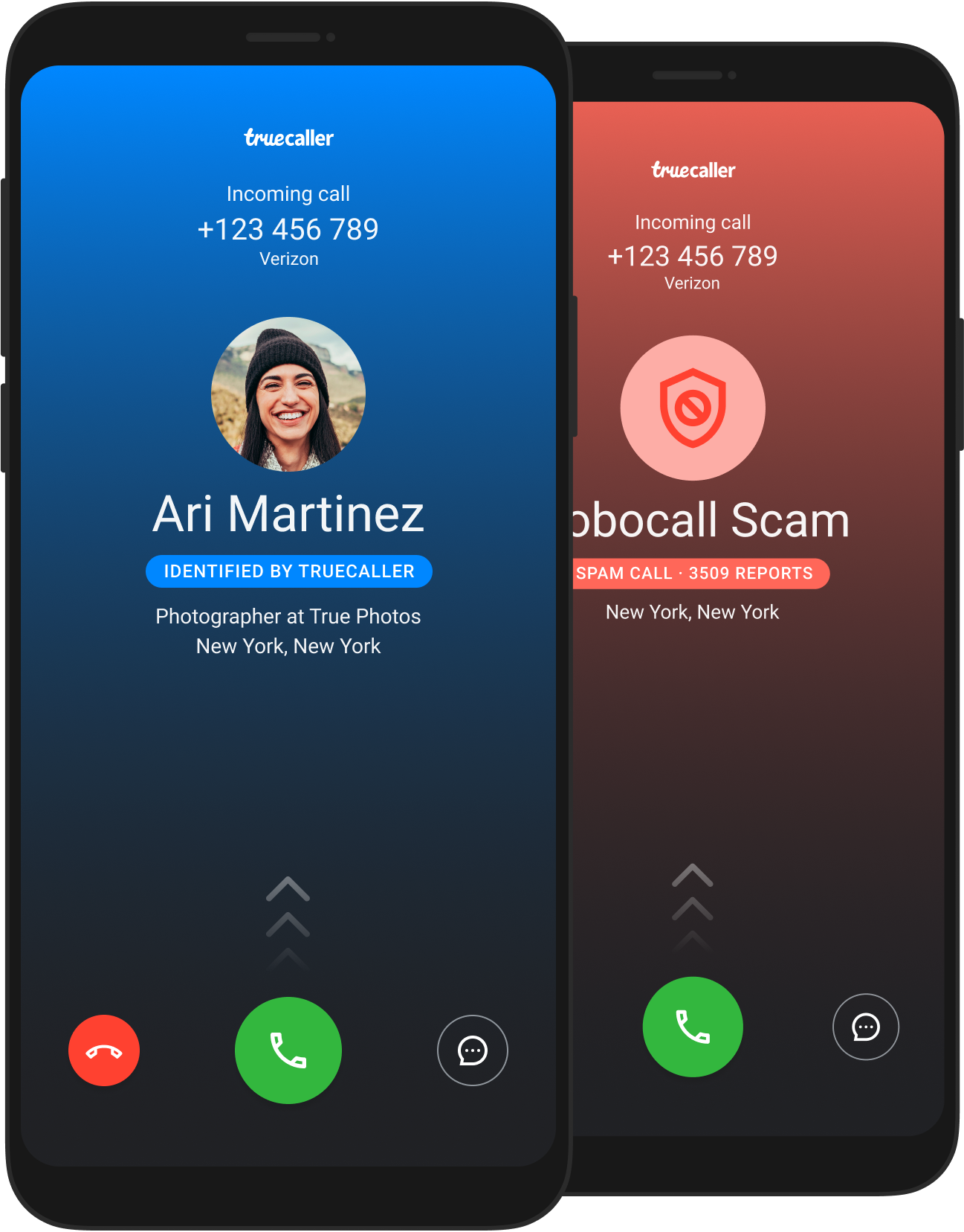 two phones showing identified incoming calls - one is a robocall scam and one is a person named "Ari Martinez"