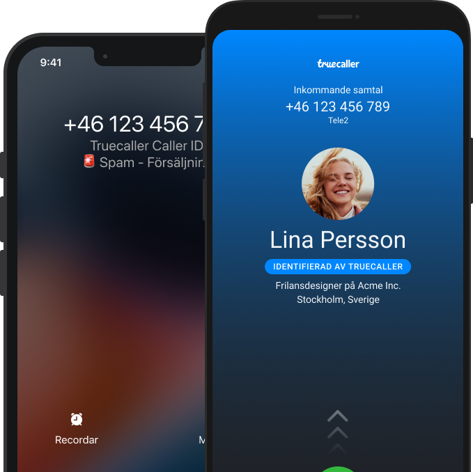 två telefoner som visar hur ett inkommande samtal ser ut på truecaller-appen på både android och iPhone