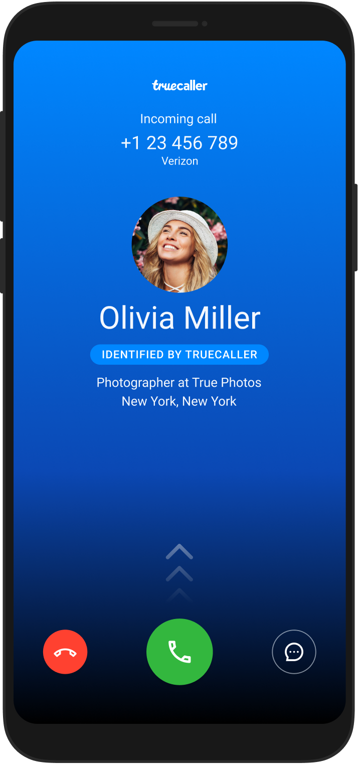 screen showing the blue truecaller caller id screen identifying an incoming call
