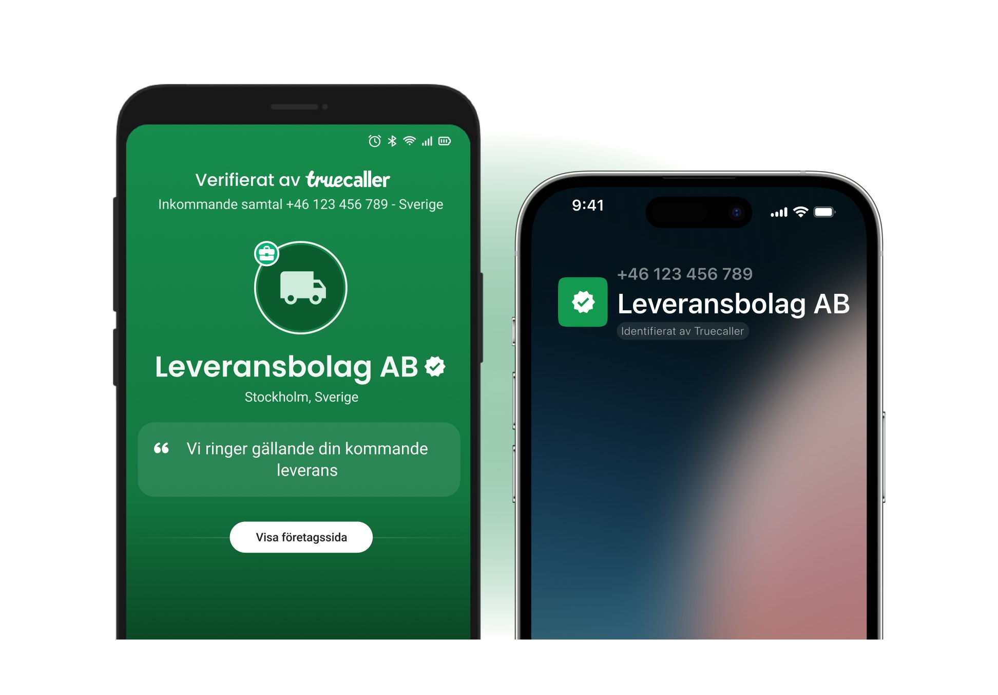 Screens showing incoming calls with verified businesses