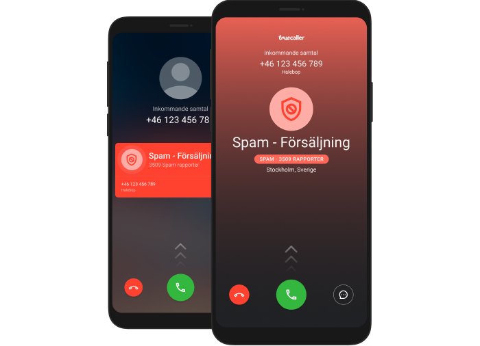 två telefoner som visar truecallers gränssnitt för inkommande spam-samtal