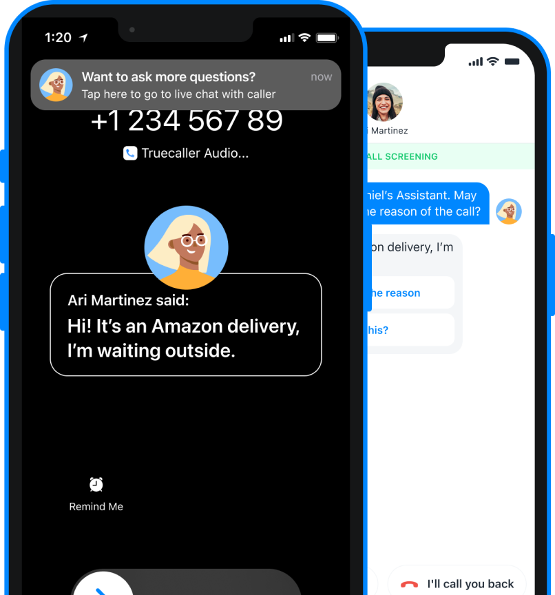 a phone showing truecaller's assistant answering the call and taking the callers message "Hi! It's an Amazon Delivery, I'm waiting outside"