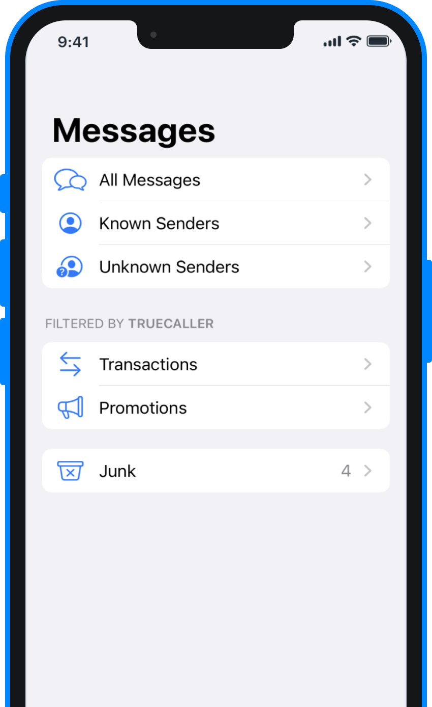 the iOS messages tab filtered by Truecaller 