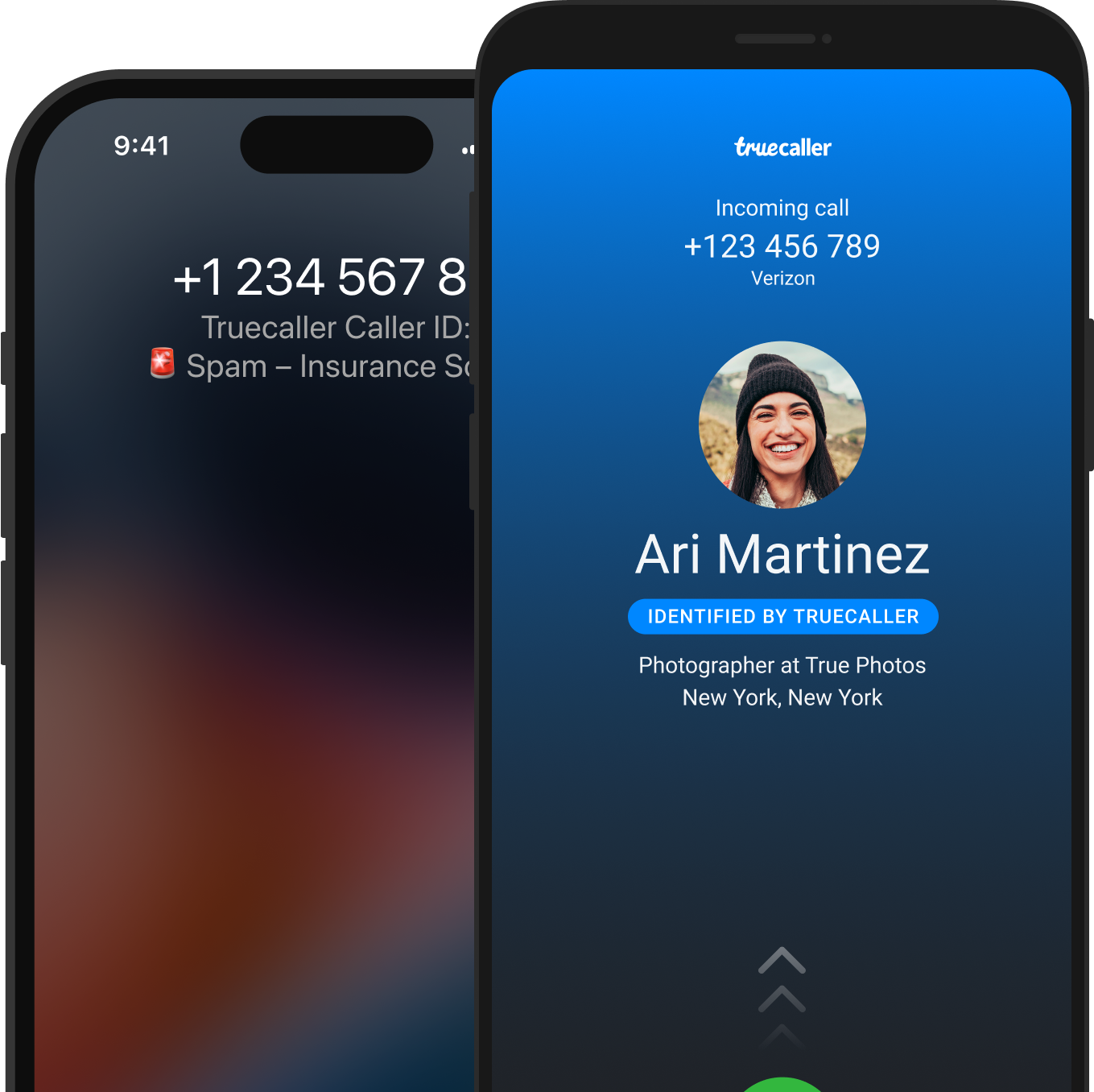 due schermate: una per Android e una per iOS, che mostrano truecaller che identifica una telefonata in arrivo