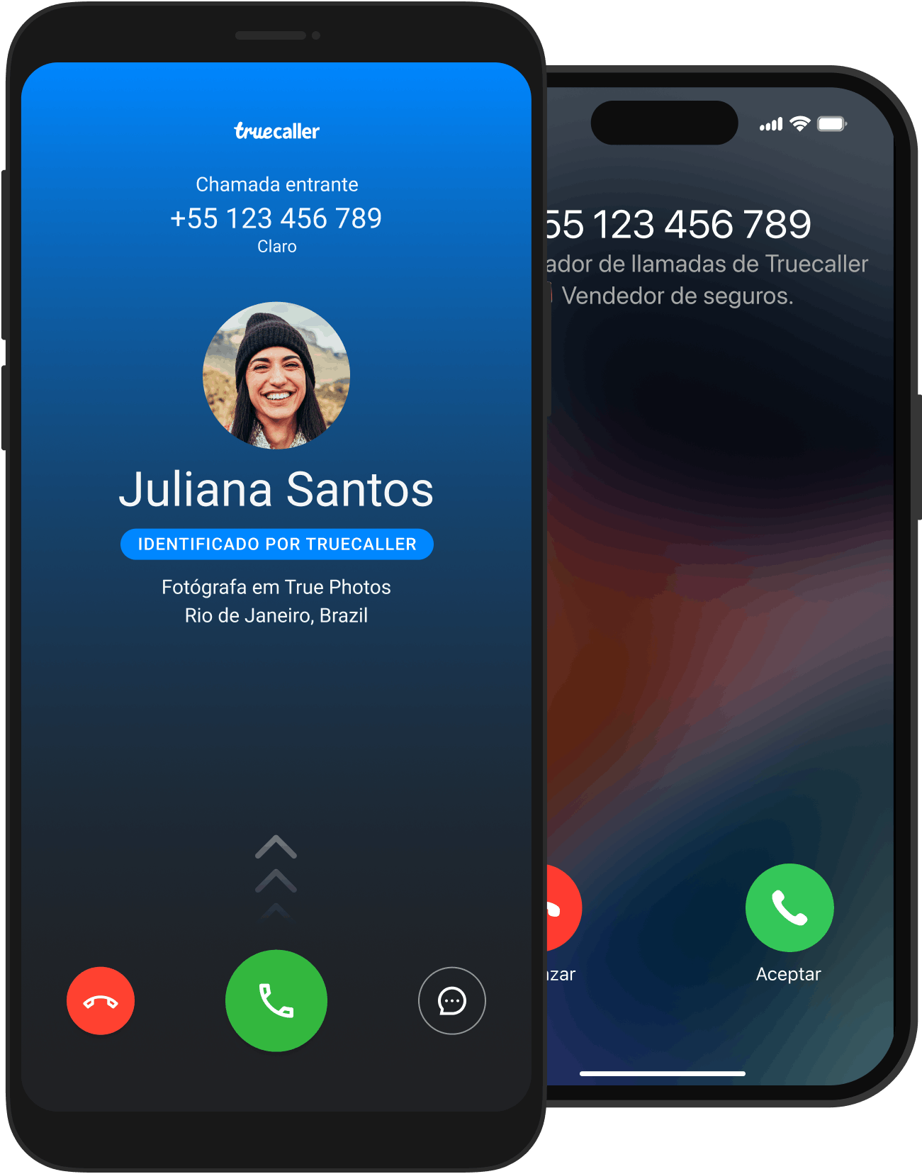 two screens - one for android and one for iOS, showing truecaller identifying an incoming phone call