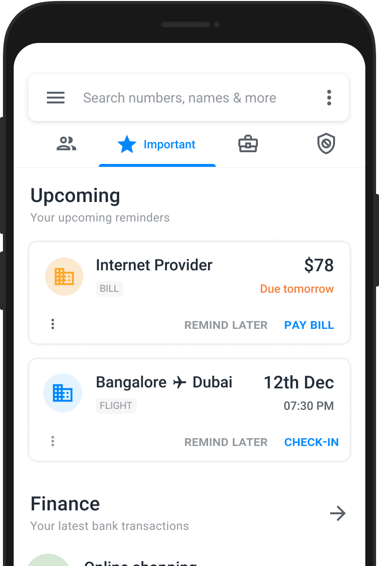 a phone showing the truecaller app with a message inbox sorted and displayed smartly with truecaller's smart sms feature