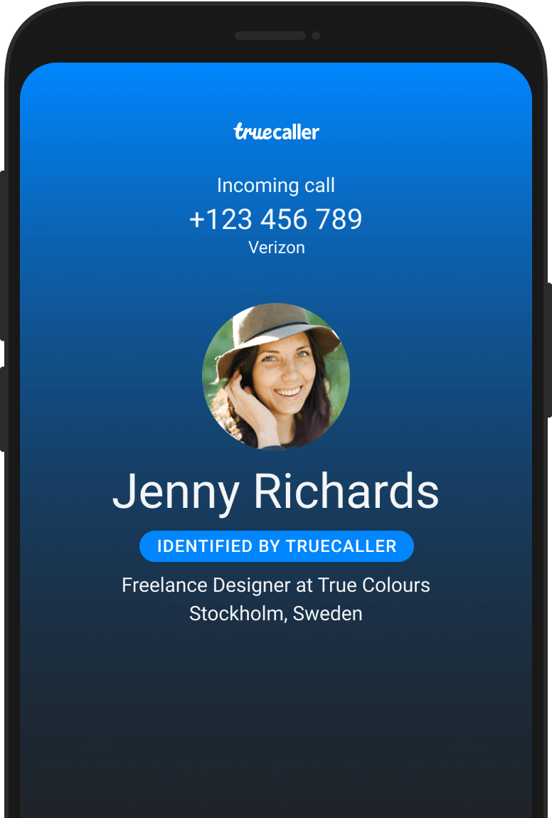 a phone showing an incoming call from "Jenny Richards" identified by Truecaller