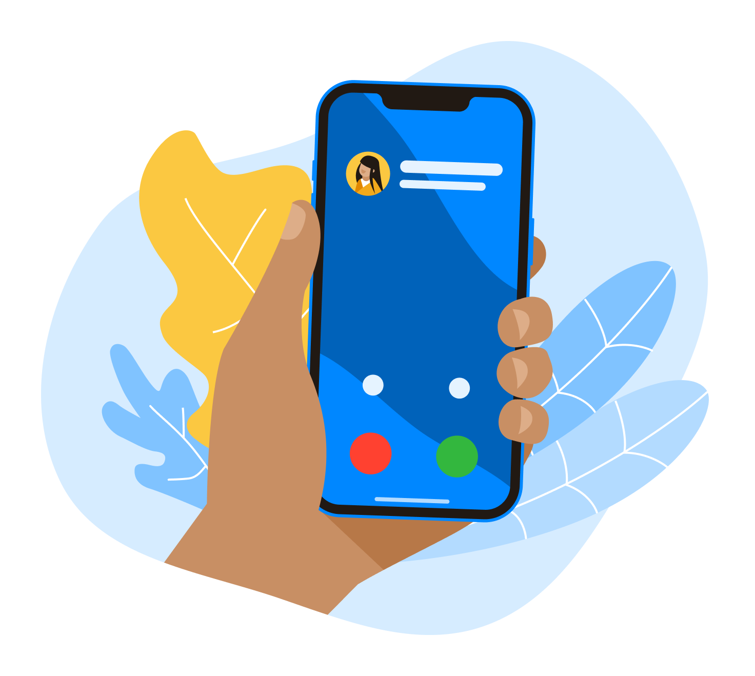 illustrations with a hand holding a phone showing an incoming call identified by truecaller