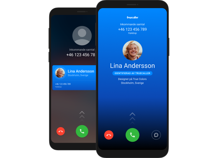 två telefoner som visar truecallers nummerpresentatör - klassisk pop-up & helskärm