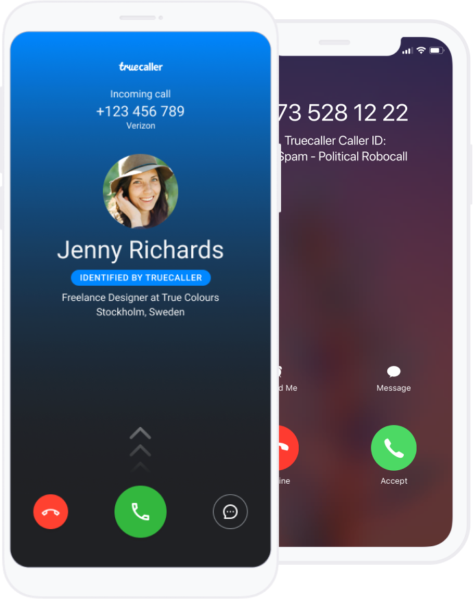 two phones showing incoming calls identified by Truecaller - one is on Android and one is on iPhone