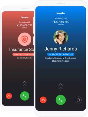 two phones showing identified incoming calls - one is a spammer and one is a person named "Jenny Richards"