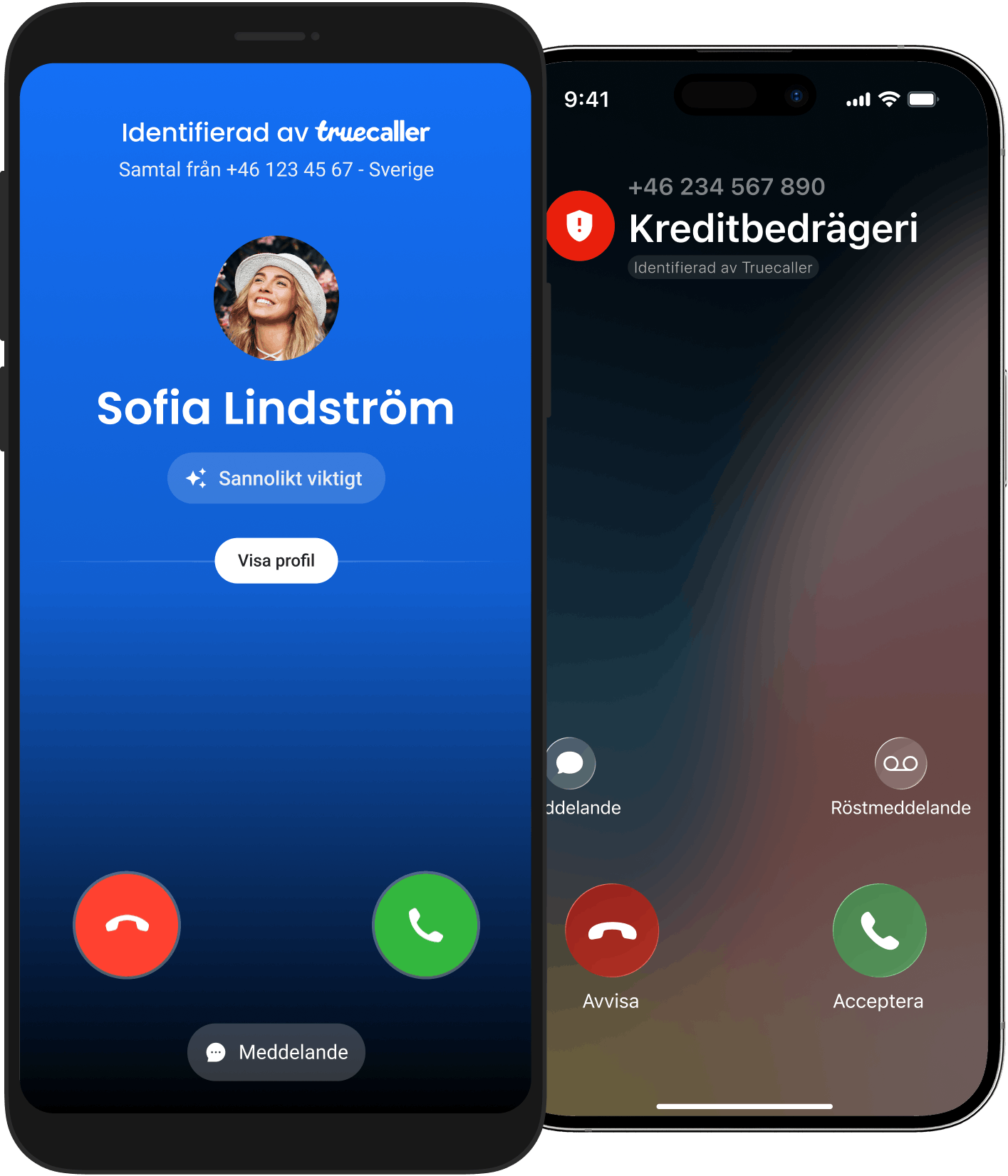 Två skärmar – en för Android och en för iOS, som visar när Truecaller identifierar ett inkommande telefonsamtal