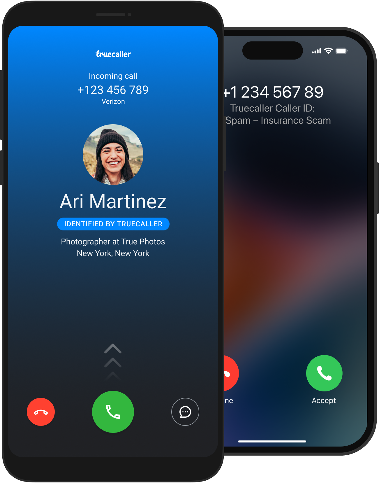 two screens - one for android and one for iOS, showing truecaller identifying an incoming phone call
