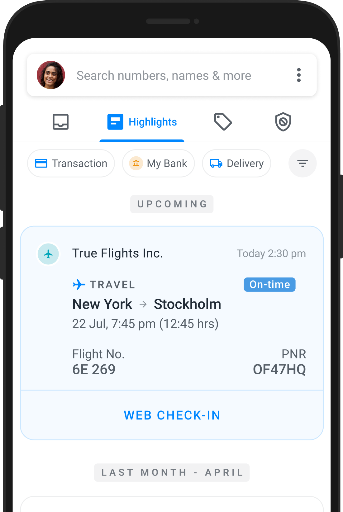 a screen showing truecaller smartly collection info about an upcoming flight and presenting it in a neat manner