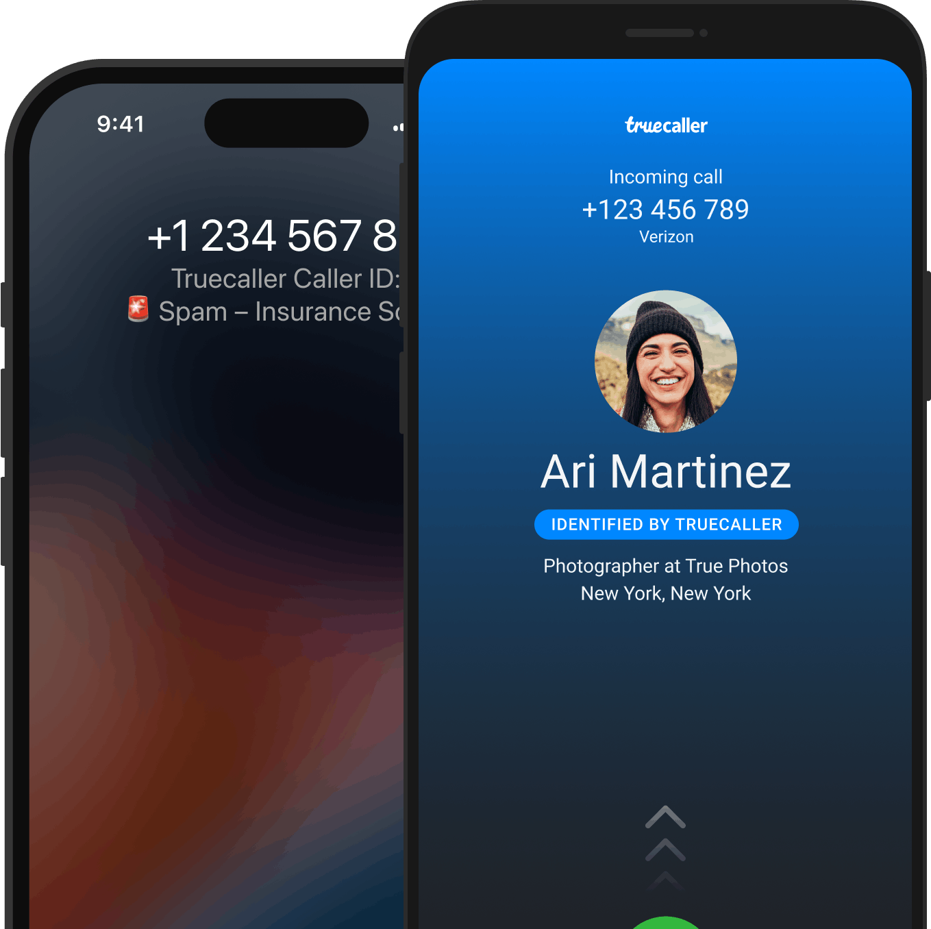 due schermate: una per Android e una per iOS, che mostrano truecaller che identifica una telefonata in arrivo
