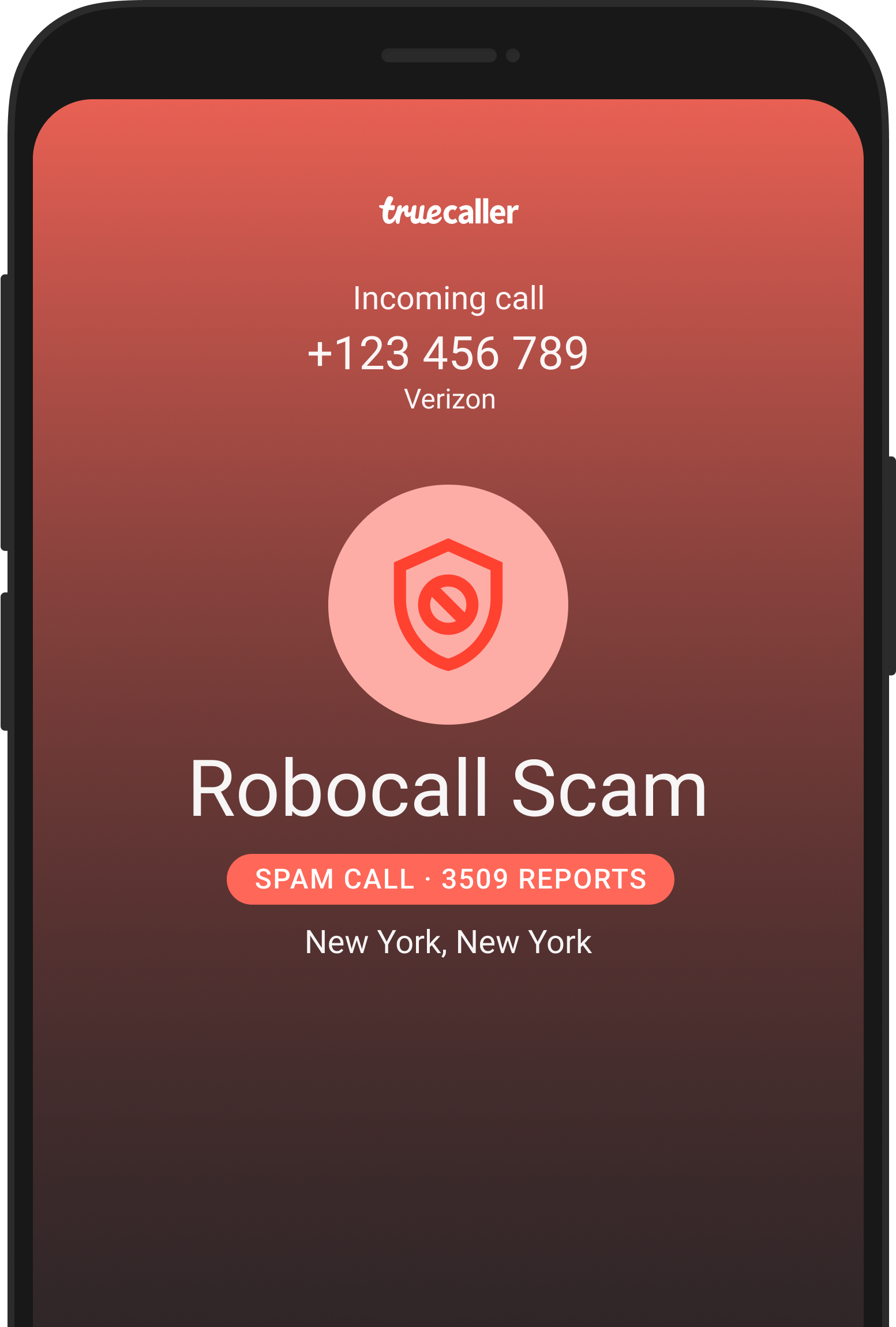 a phone showing truecaller identifying an incoming spam call