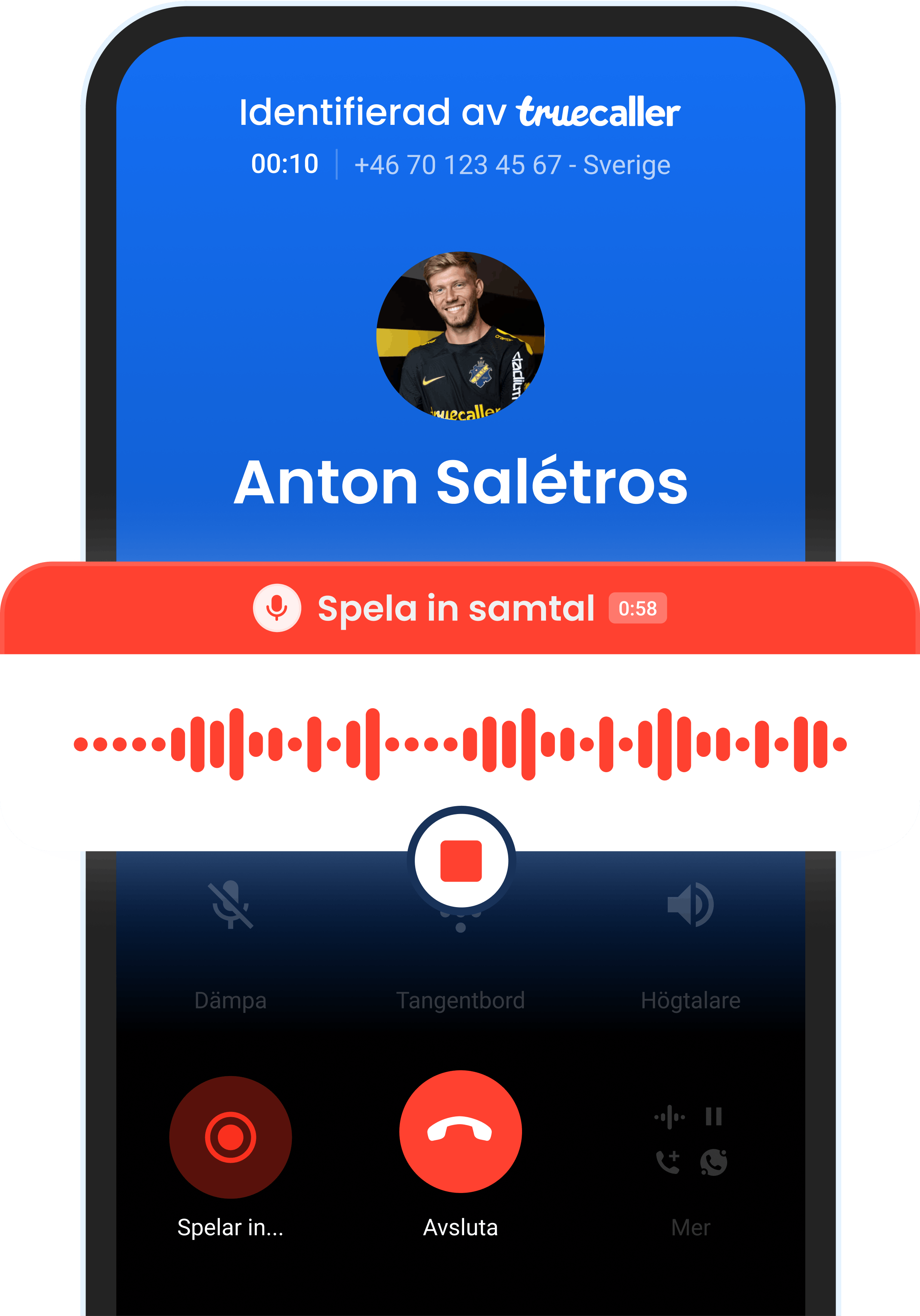 Samtalsinspelningsskärm i Truecaller-appen
